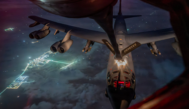 U.S. B-52 bomber flies over Rafah, on the Gaza-Egypt border, as part of the Israeli and U.S. military operation against Iran that began Feb. 28 and has since expanded to affect other countries. (Photo by U.S. Central Command)