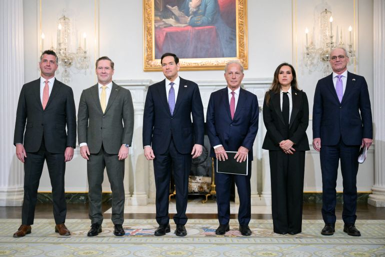 (L/R) US State Department Counselor Michael Needham, US Ambassador to the UN Mike Waltz, US Secretary of State Marco Rubio, US Ambassador to Lebanon Michel Issa, Lebanon's Ambassador to the US Nada Hamadeh Moawad, and Israeli Ambassador to the US Yechiel Leiter stand together before meeting at the State Department in Washington, DC, on April 14, 2026. (Photo by Oliver Contreras / AFP)