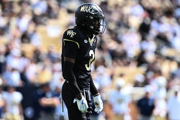 Wake Forest defensive back Karon Prunty (3) looks on during the first half of an NCAA college football game against Georgia Tech, Saturday, Sept. 27, 2025, in Winston-Salem, N.C. (AP Photo/Matt Kelley)