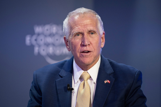 Senator Thom Tillis speaks during a panel session at the 56th annual meeting of the World Economic Forum, WEF, in Davos, Switzerland, Tuesday, Jan. 20, 2026. (Gian Ehrenzeller/Keystone via AP)