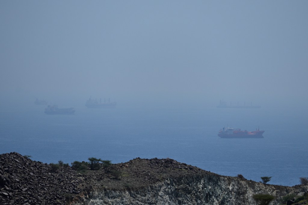 A hazy view of several cargo ships in the distance on a blue ocean, seen from a rocky hillside.