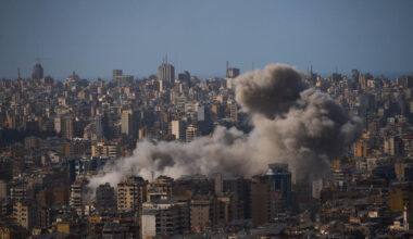 Smoke rises from Israeli airstrikes in Dahiyeh, a southern suburb of Beirut, Lebanon, Sunday, April 5, 2026. (AP Photo/Emilio Morenatti)