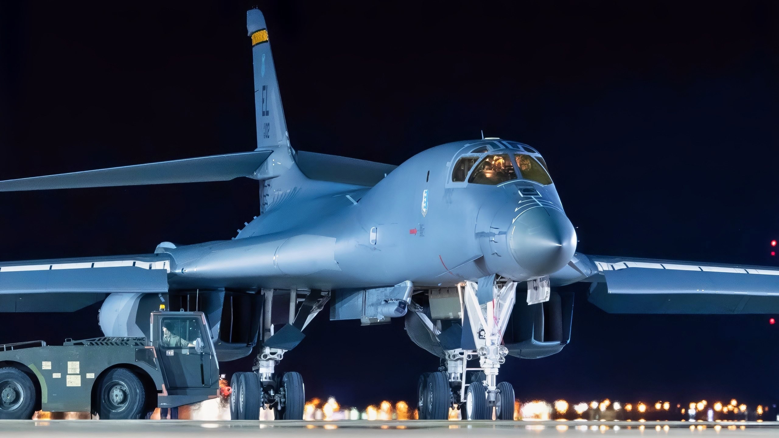 Aircrew piloting a B-1B Lancer prepare to park at Ellsworth Air Force Base, S.D., April 30, 2020. A pair of B-1s flew from the continental United States and conducted operations over the South China Sea as part of a joint U.S. Indo-Pacific Command and U.S. Strategic Command Bomber Task Force mission. (U.S. Air Force photo by Tech. Sgt. Jette Carr)