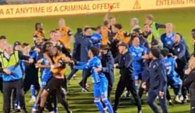 Maidstone United and Tonbridge Angels FC players clash after Kent Senior Cup final at Priestfield Stadium