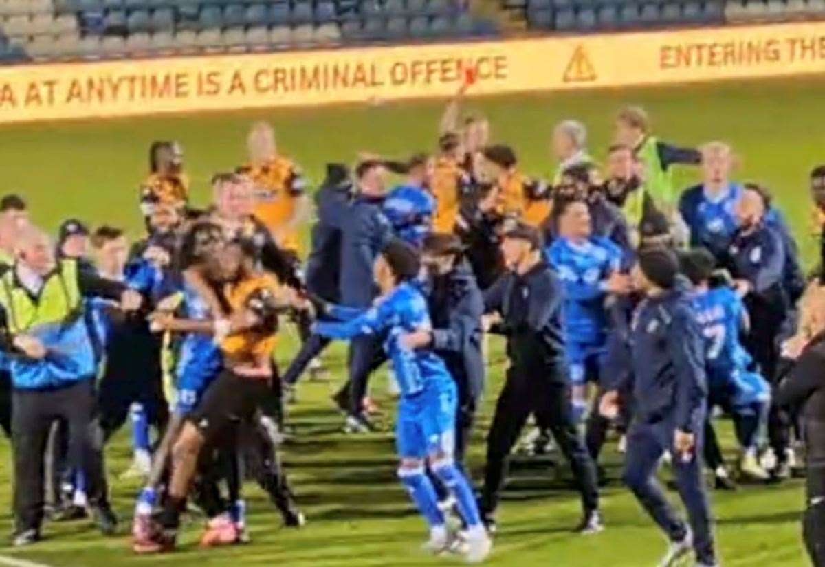 Maidstone United and Tonbridge Angels FC players clash after Kent Senior Cup final at Priestfield Stadium