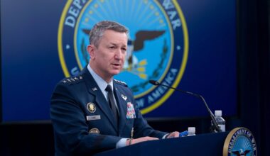 Chairman of the Joint Chiefs of Staff Gen. Dan Caine speaks to members of the media during a press briefing at the Pentagon, Thursday, April 16, 2026 in Washington. (AP Photo/Kevin Wolf)