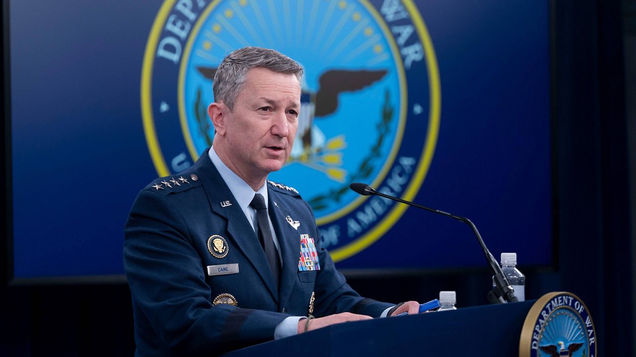 Chairman of the Joint Chiefs of Staff Gen. Dan Caine speaks to members of the media during a press briefing at the Pentagon, Thursday, April 16, 2026 in Washington. (AP Photo/Kevin Wolf)