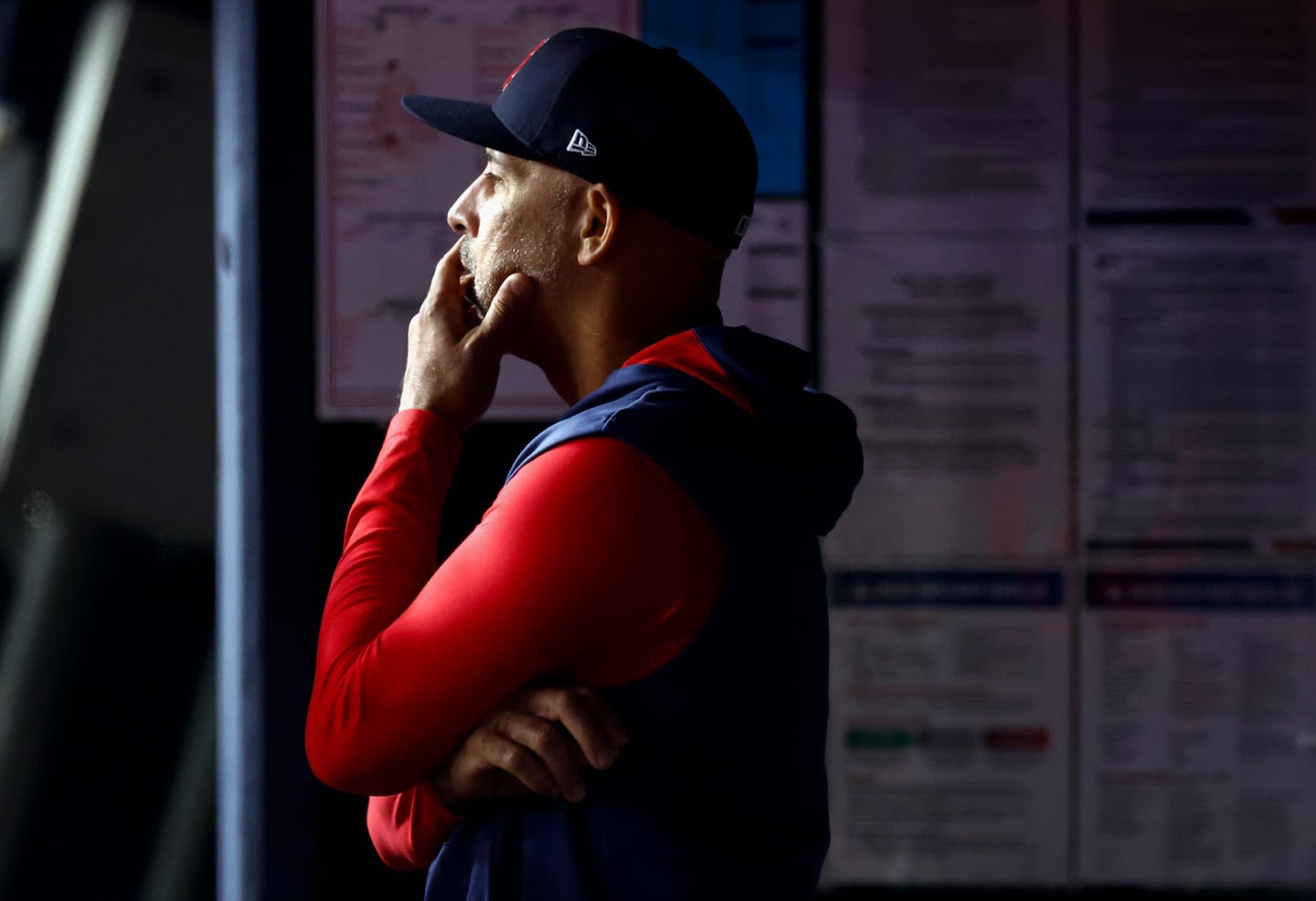 Alex Cora pictured in the dugout at Yankee Stadium during the 2025 postseason.
