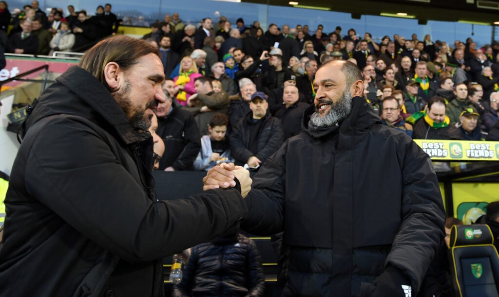 Daniel Farke and Nuno Espirito Santo embrace