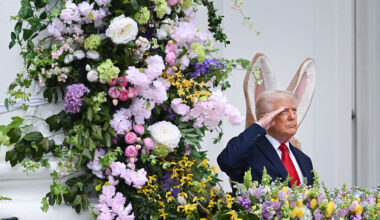 President Trump and the Easter Bunny at the White House's traditional Easter Egg Roll in 2025. His 2026 messages were less kid-friendly. (Matt McClain / Getty Images)