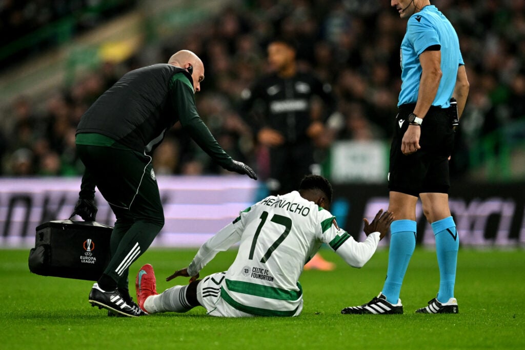 Kelechi Iheanacho receives treatement for an injury during Celtic vs Sturm Graz