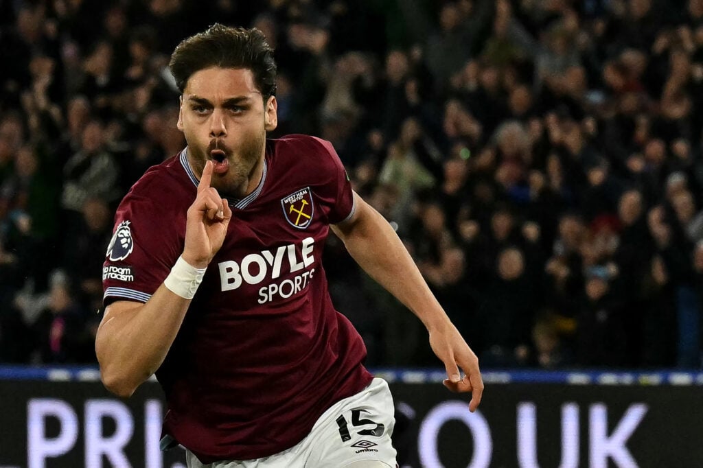 West Ham United's Greek defender #15 Konstantinos Mavropanos celebrates scoring the team's first goal during a English Premier League football match