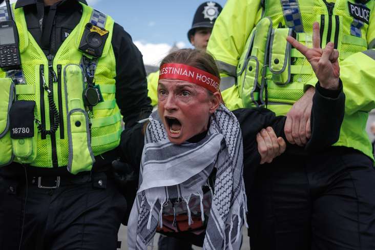 Police make arrests as demonstrators participate in 'Everyone Day', a mass action against the Government's proscription of Palestine Action, in Trafalgar Square on April 11, 2026 in London, England. (Getty Images)