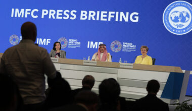 Attendees ask questions during a press briefing following a meeting of the World Bank and International Monetary Fund on Friday in Washington, D.C. Credit: Kent Nishimura/AFP via Getty Images