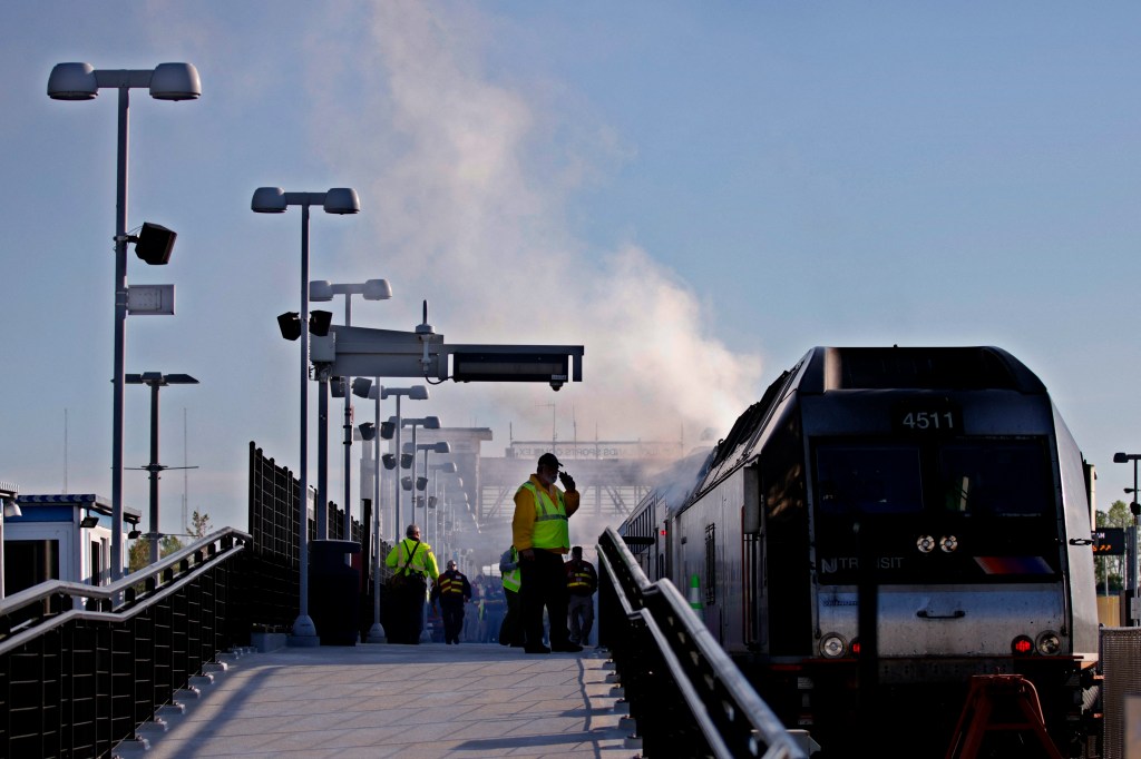 New Jersey Transit Police Department's Office of Emergency Management (OEM), along with federal, state, county and local partners, conduct emergency response drills at the rail station near MetLife Stadium ahead of the 2026 FIFA World Cup in East Rutherford, New Jersey, on April 18, 2026.