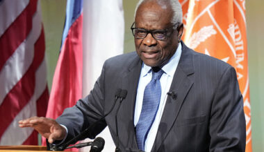 Clarence Thomas speaks at a special lecture for America's 250th anniversary, His comments about progressivism being the root of authoritarianism has sparked controversy with historians. (Jay Janner / The Austin American-Statesman / Getty Images)