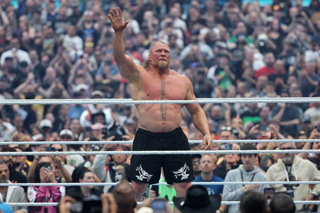  Brock Lesnar reacts after being defeated by Oba Femi during their match during WrestleMania 42 at Allegiant Stadium on April 19, 2026 in Las Vegas, Nevada. 