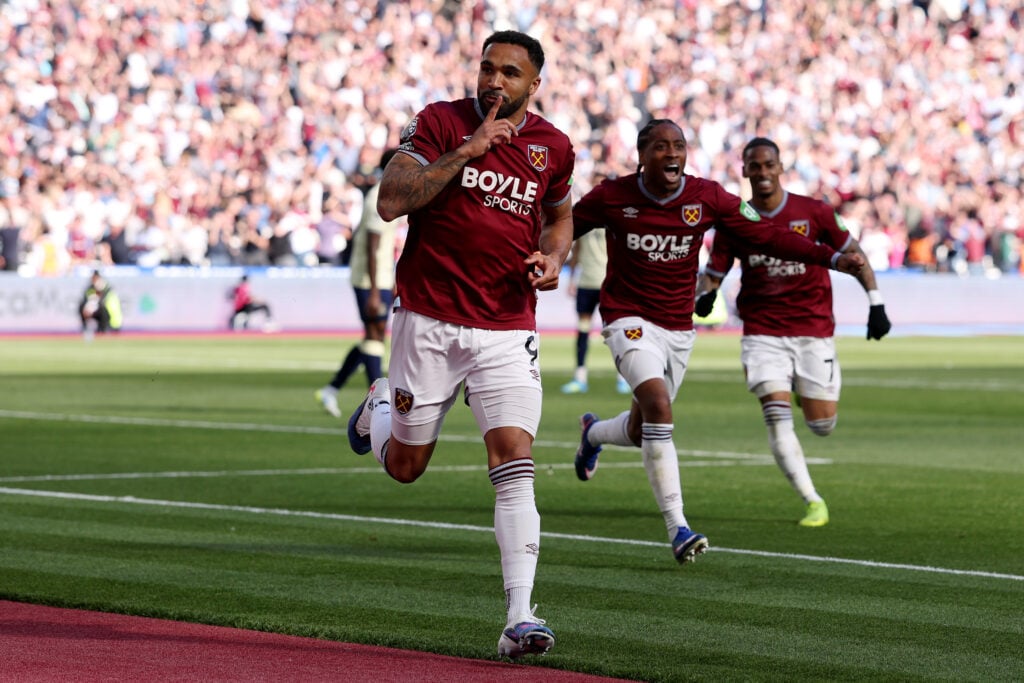 Callum Wilson celebrates after scoring for West Ham United against Everton.