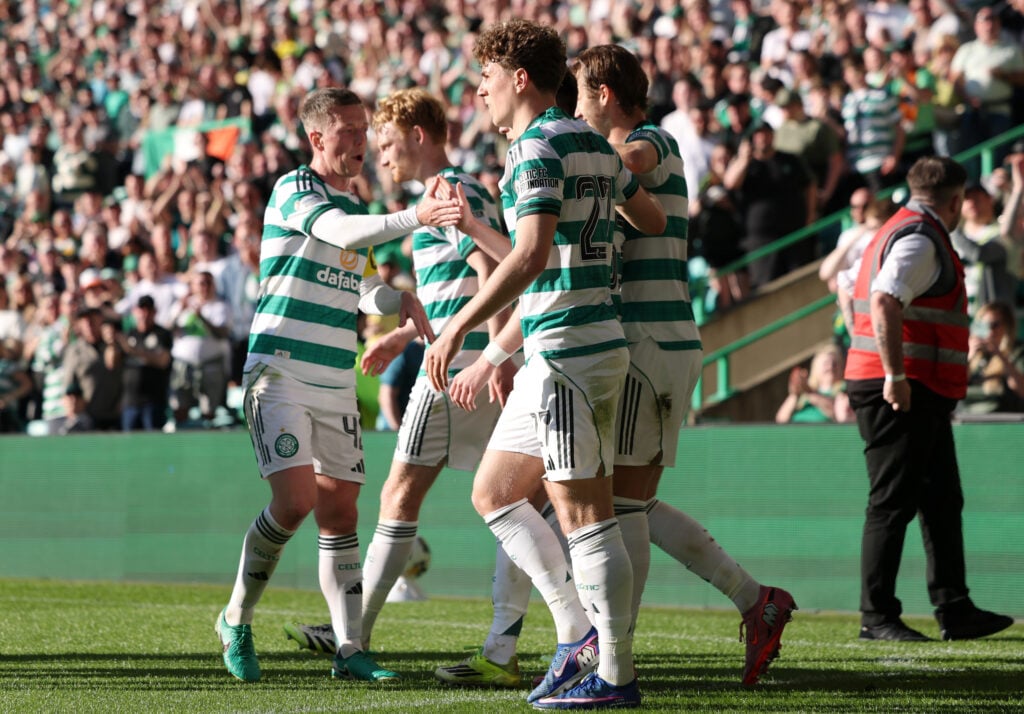 Kieran Tierney of Celtic celebrates scoring his team's second goal with his teammates during the William Hill Premiership match between Celtic and Falkirk