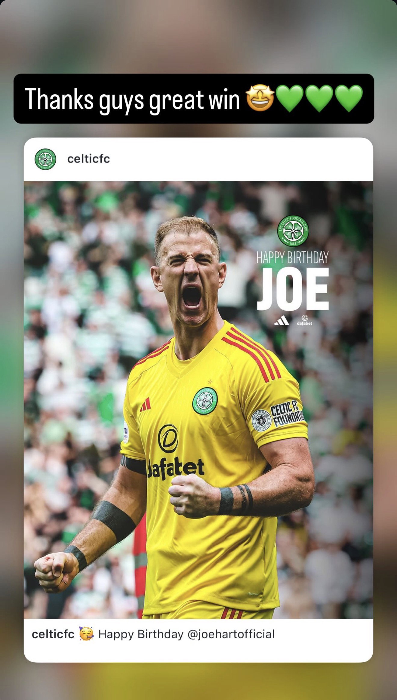 Joe Hart Celtic Instagram post