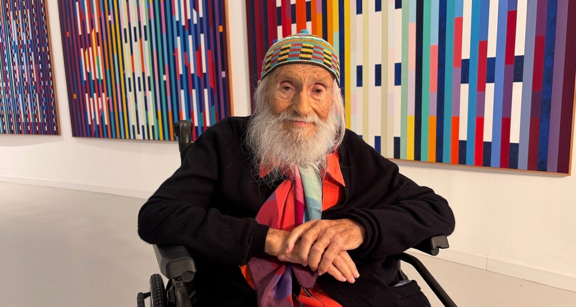 Pioneering kinetic artist Yaacov Agam receiving the Israel Prize on April 20, 2026, at the Yaacov Agam Museum of Art (Jessica Steinberg/Times of Israel)