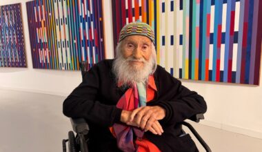 Pioneering kinetic artist Yaacov Agam receiving the Israel Prize on April 20, 2026, at the Yaacov Agam Museum of Art (Jessica Steinberg/Times of Israel)