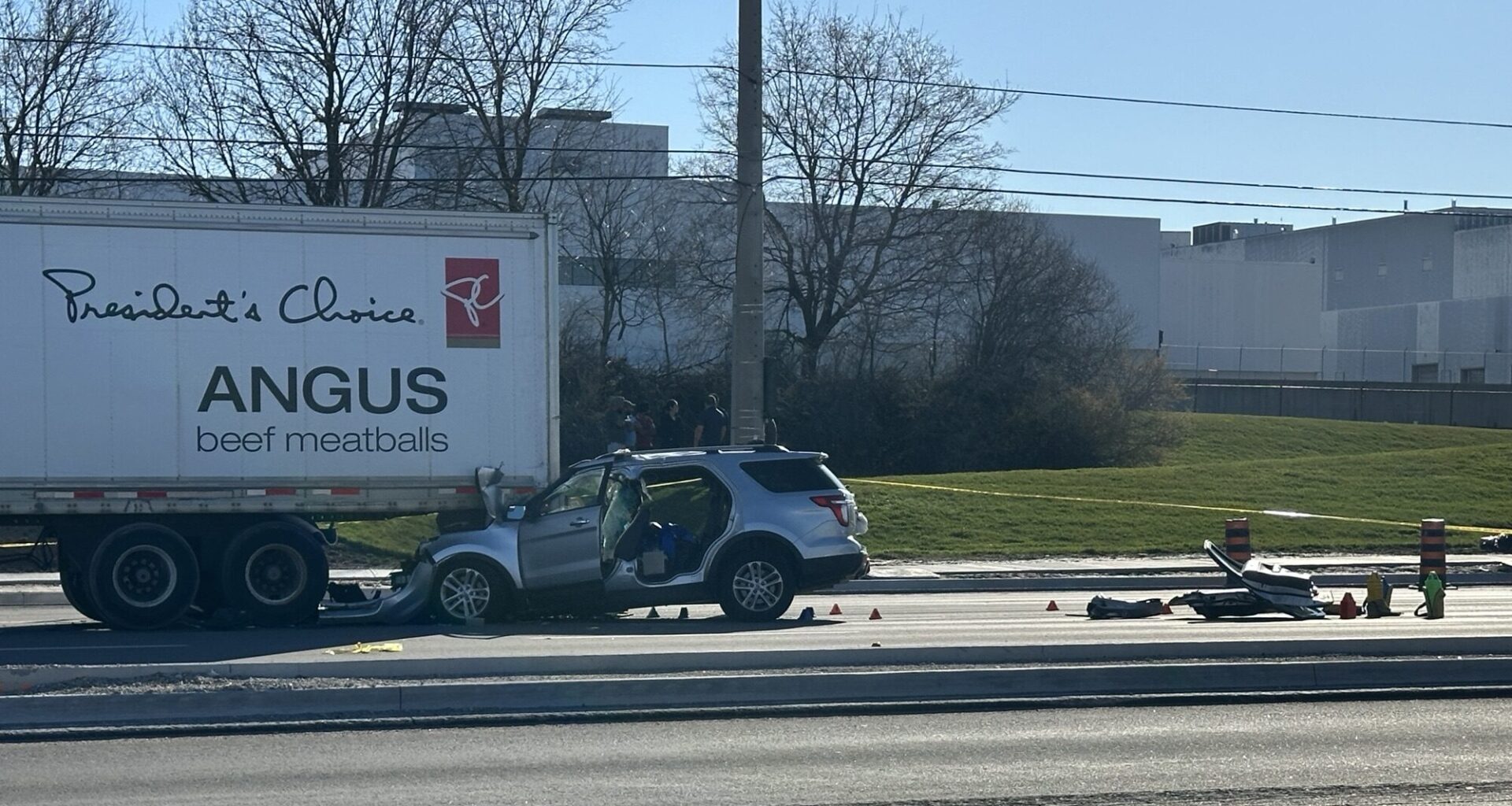 Man dies, woman critically injured after crash involving transport truck in Brampton