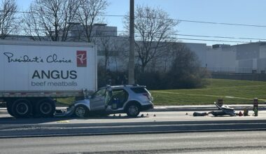 Man dies, woman critically injured after crash involving transport truck in Brampton