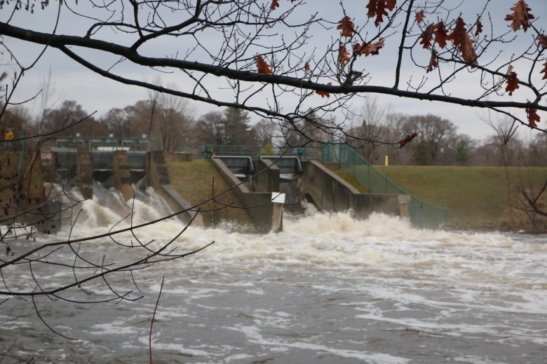 Water rushes through dam