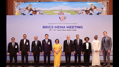 In this April 24 image, Ministry of External Affairs secretary (South) Neena Malhotra poses for a group photograph during the BRICS MENA meeting, in New Delhi. (@MEAIndia/via PTI)
