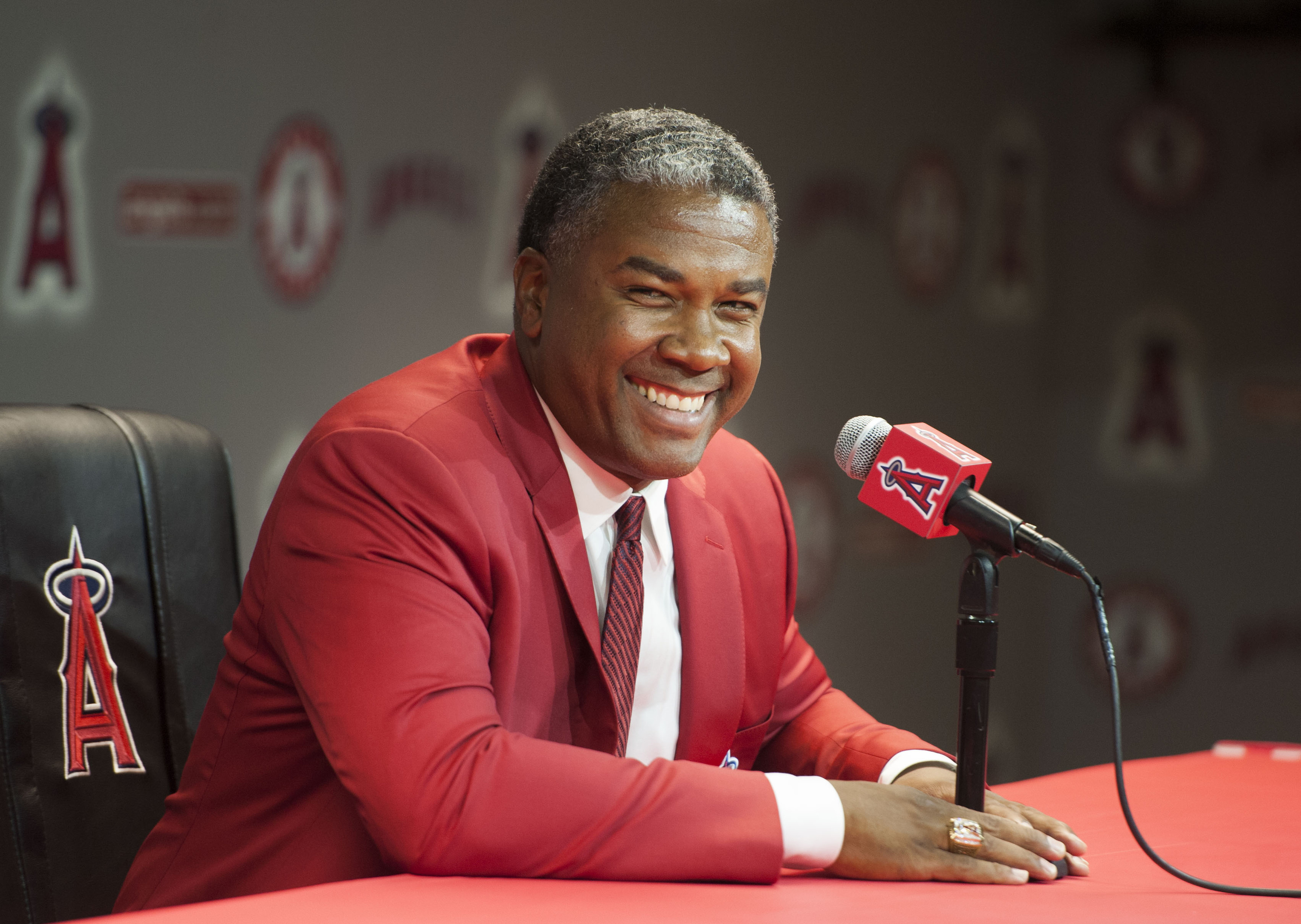 Former Angel Garret Anderson smiles while talking to the media...