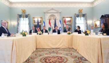 Secretary of State Marco Rubio (center) meets with Israeli Ambassador to the U.S. Yechiel Leiter (far left) and Lebanese Ambassador to the U.S. Nada Hamadeh Moawad (far right) Tuesday at the State Department in Washington.