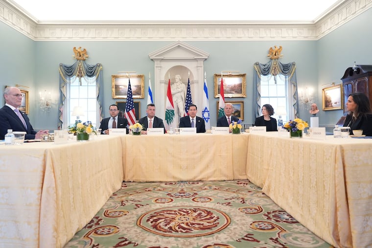 Secretary of State Marco Rubio (center) meets with Israeli Ambassador to the U.S. Yechiel Leiter (far left) and Lebanese Ambassador to the U.S. Nada Hamadeh Moawad (far right) Tuesday at the State Department in Washington.