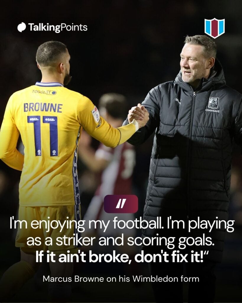 Northampton Town manager Kevin Nolan shakes the hand of Marcus Browne of AFC Wimbledon as he leaves the pitch at the end of the Sky Bet League One match between Northampton Town and AFC Wimbledon at Sixfields on December 20, 2025 in Northampton, England.
