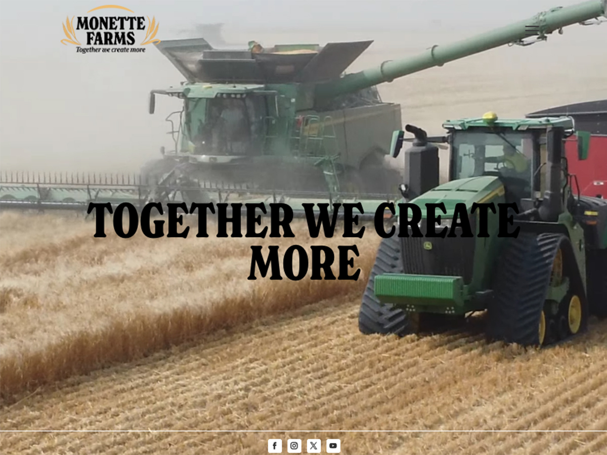 A screencap from the Monette Farms website showing a combine harvesting with a tractor pulling a grain cart alongside.