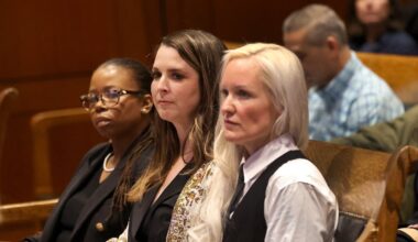 Drudys Ledbetter, Kristin Rogers, and Caroline Pineau waited to speak against the ballot initiative that would ban recreational pot sales at a State House hearing on March 23. Pineau is among four business owners who filed a lawsuit Wednesday aiming to block the question from reaching the November ballot.