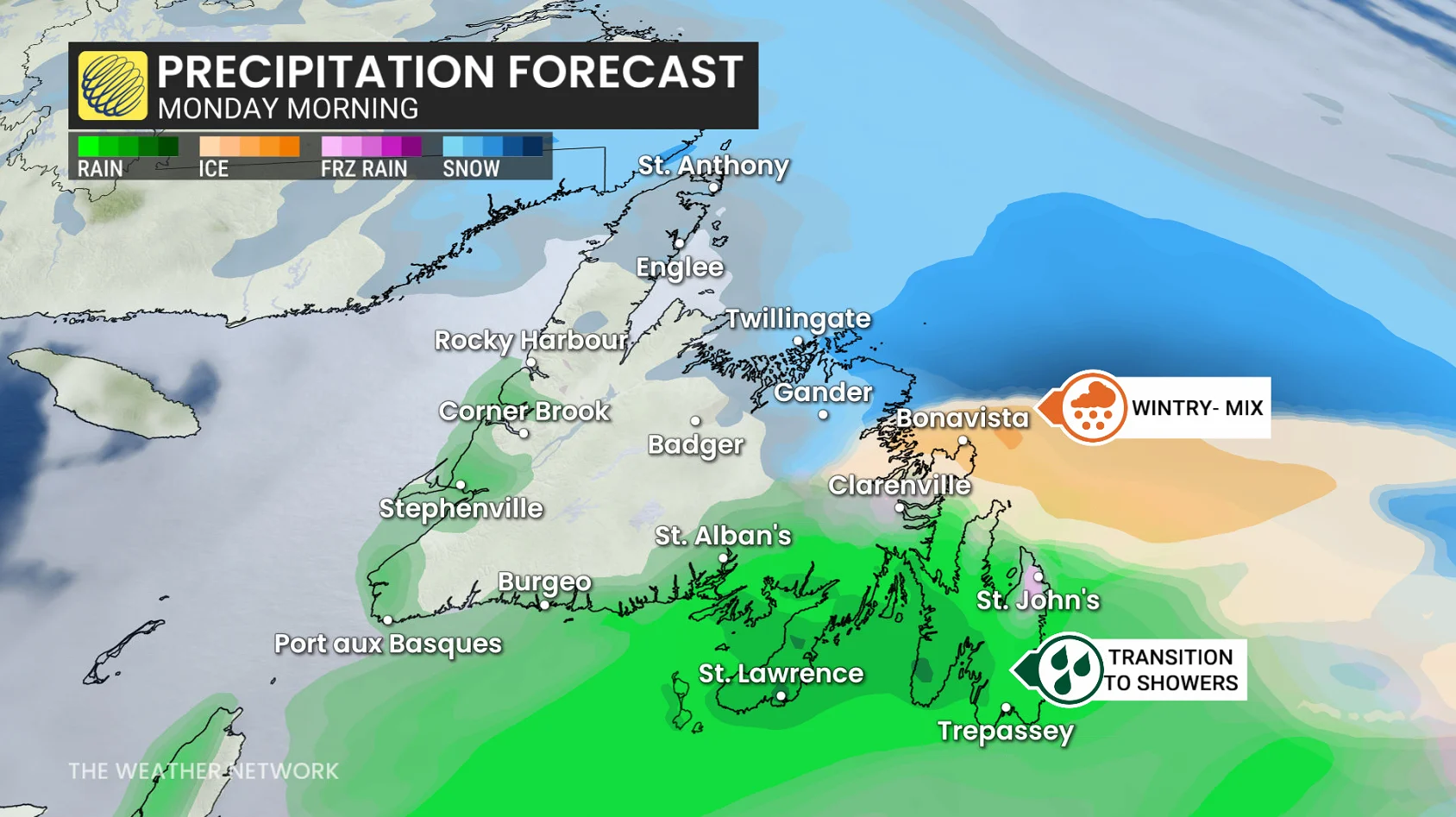 Newfoundland precipitation Monday morning