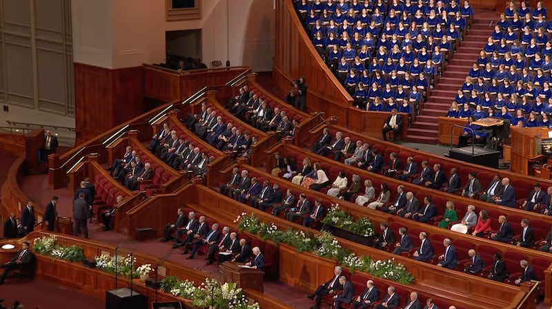 Newly called Primary general presidency takes their seats to the left of the current Primary general presidency in the Conference Center in Salt Lake City during the Saturday afternoon session of April general conference on Saturday, April 4, 2026.