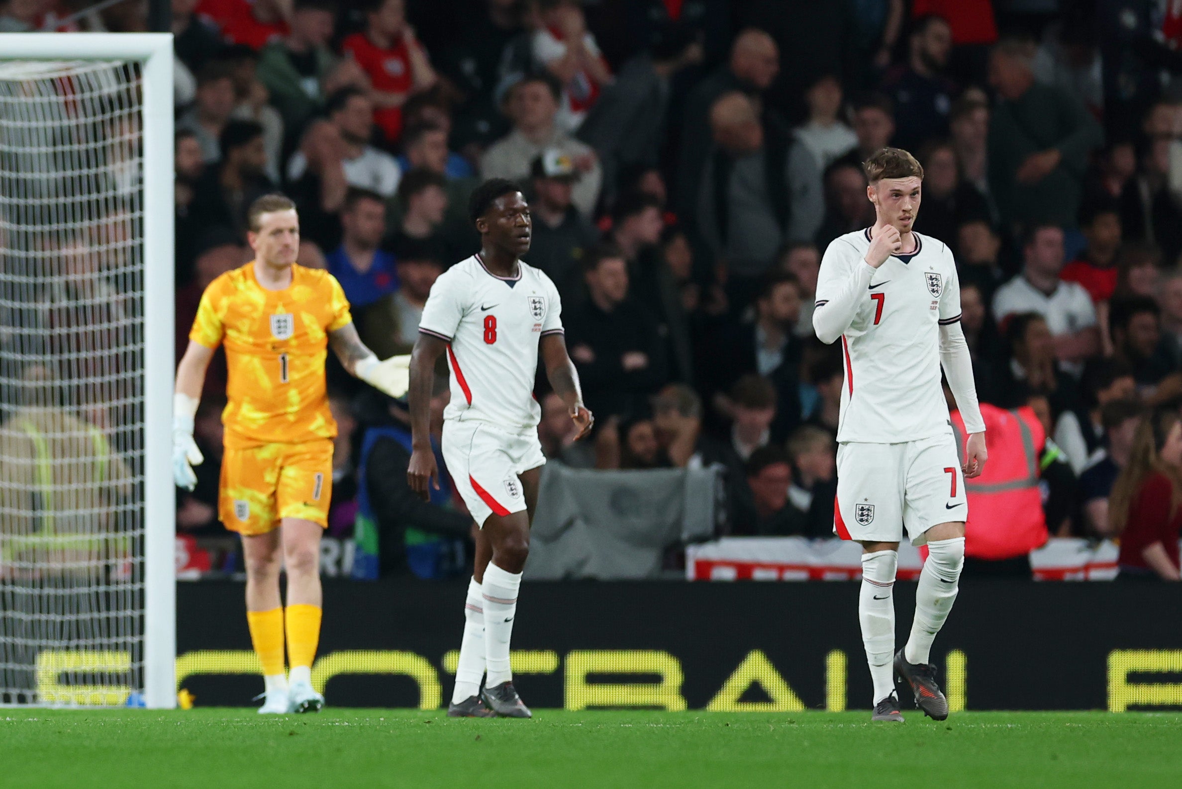 England's players react to Japan winger Kaoru Mitoma's opening goal at Wembley