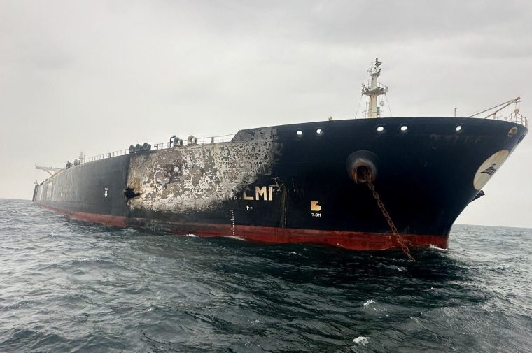 Damage to the Kuwait-flagged Al-Salmi crude oil tanker, following a reported strike, amid the U.S.-Israeli conflict with Iran, March 31, 2026. Kuwait Petroleum Corporation/Handout via REUTERS THIS IMAGE HAS BEEN SUPPLIED BY A THIRD PARTY. MANDATORY CREDIT. VERIFICATION: Identity of the vessel confirmed as Al Salmi by deck shape, paint and rigging, which matched file imagery Date verified by statement from Kuwait Petroleum Corp on March 31 that the tanker Al Salmi was struck by an alleged Iranian attack at a Dubai port Authorities in Dubai said they had brought the fire under control following a drone attack on the tanker Ship tracking data puts the vessel off the coast of the UAE on March 31 (25.500306, 54.873962) TPX IMAGES OF THE DAY