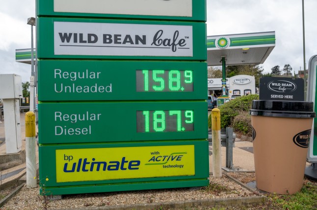 A BP petrol station in Egham, Surrey where prices were today 158.9 for petrol and 187.9 for diesel on April 3.