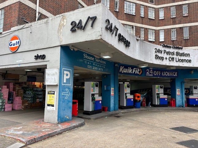 A petrol station exterior in Chelsea, London.