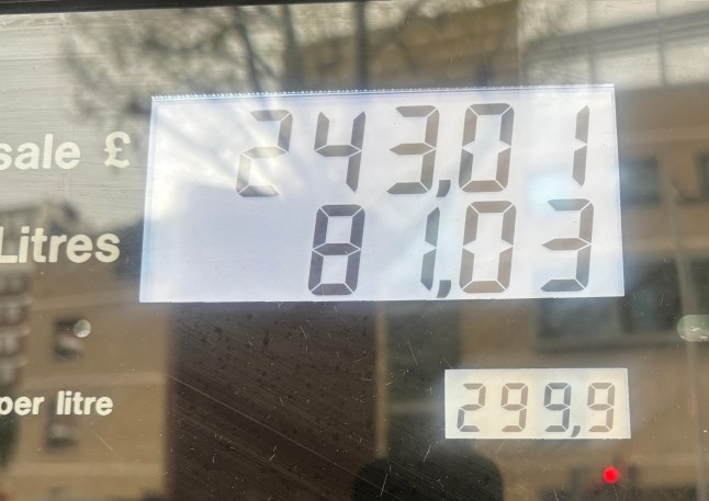 A petrol pump price display at a garage in west London.