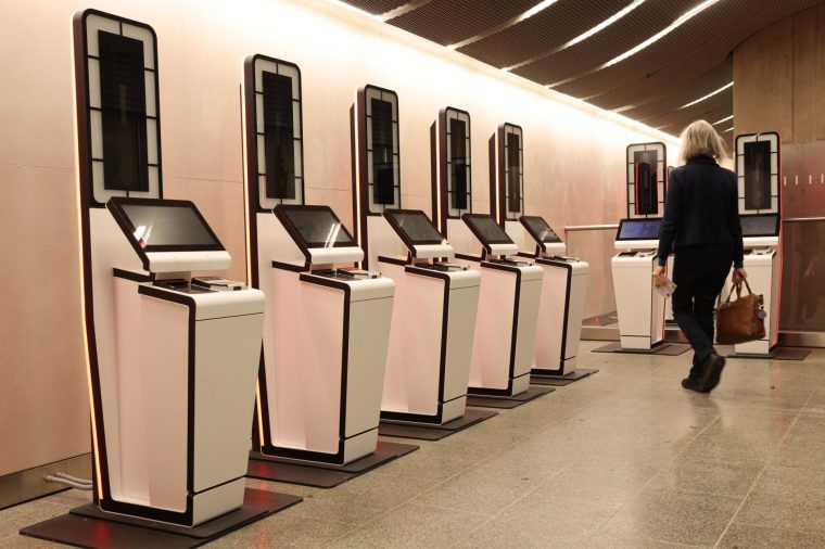 The EES kiosks where passengers can check in, are pictured at St Pancras International Train Station station in London, on September 22, 2025. The European Union's new border-check system for non-EU nationals, the so-called Entry/Exit System (EES), which will do away with passport stamps, is set to finally launch October 12. (Photo by Adrian DENNIS / AFP) (Photo by ADRIAN DENNIS/AFP via Getty Images)