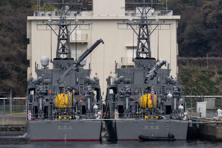 YOKOSUKA, JAPAN - MARCH 30: Japan Maritime Self-Defense Force's JS Awaji and JS Hirado minesweepers are moored at Yokosuka Naval Base on March 30, 2026 in Yokosuka, Japan. (Photo by Tomohiro Ohsumi/Getty Images)