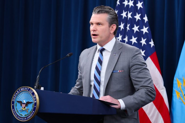 ARLINGTON, VIRGINIA - APRIL 24: U.S. Secretary of War Pete Hegseth speaks during a press briefing at the Pentagon on April 24, 2026 in Arlington, Virginia. President Trump announced that the Israel-Lebanon ceasefire has been extended by three weeks on Thursday while the U.S. continues the blockade of the Strait of Hormuz. (Photo by Anna Moneymaker/Getty Images)