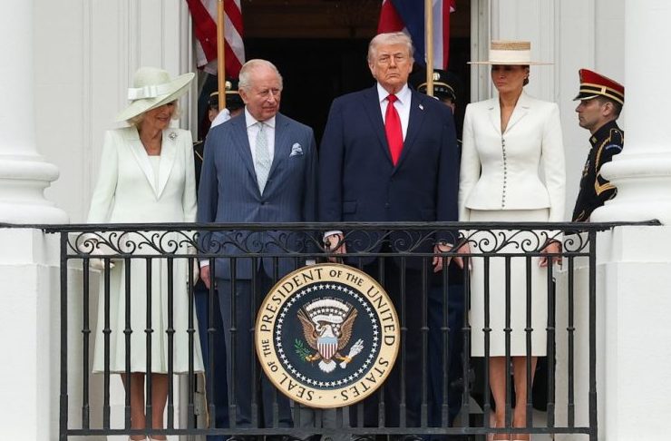 WASHINGTON, DC - APRIL 28: Queen Camila, King Charles III, U.S. President Donald Trump and First lady Melania Trump pose on the balcony of the White House during a state arrival ceremony on the South Lawn of the White House on April 28, 2026 in Washington, DC. President Trump and King Charles III will participate in a number of activities including a bilateral meeting in the Oval Office, with the king later addressing a joint meeting of the United States Congress. (Photo by Kevin Dietsch/Getty Images)
