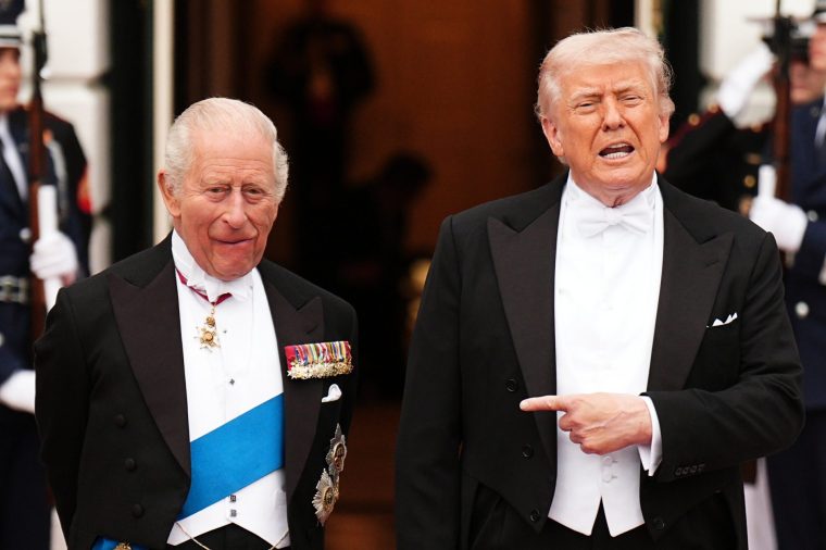 King Charles III and President Donald Trump arrive for the State Dinner at the White House in Washington DC, on day two of the state visit to the US. Picture date: Tuesday April 28, 2026. PA Photo. Photo credit should read: Aaron Chown/PA Wire