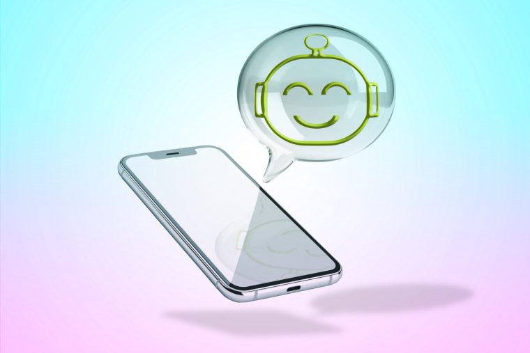 Smartphone with a glass speech bubble with the chatbot symbol inside.Chatbot concept. open AI, Artificial Intelligence.
