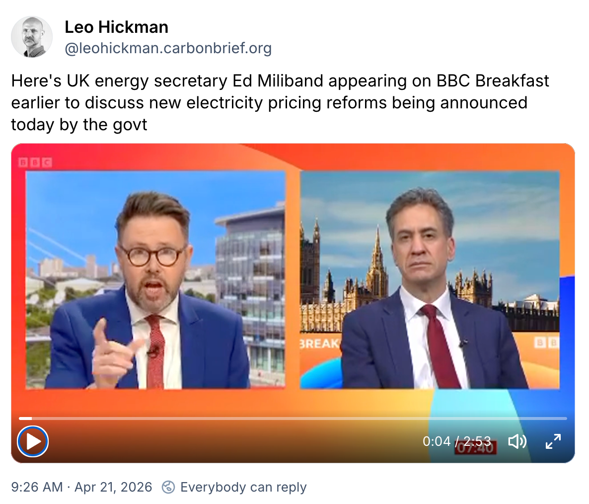 Leo Hickman on Bluesky: UK energy secretary Ed Miliband appearing on BBC Breakfast